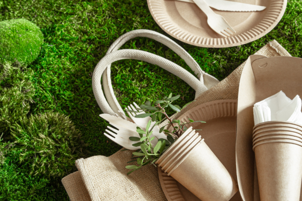 kraft tableware on grass with a Kraft paper bag and Kraft paper cups to showcase sustainability options